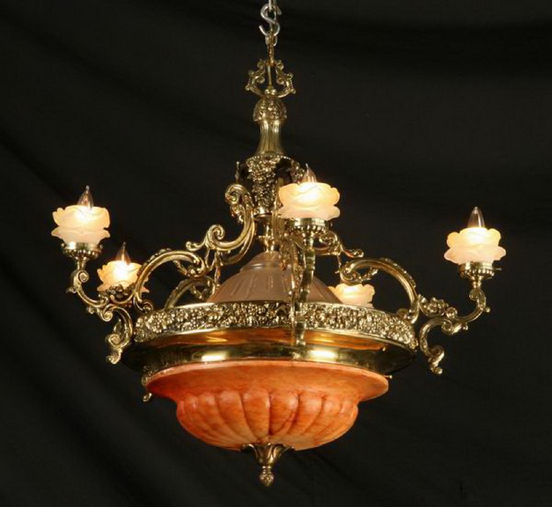 19th c. bronze chandelier w/ alabaster dome: Late 19th century bronze 5-light chandelier with central etched and wheel cut dome surmounting an intricately sculpted bronze band of fruits and flowers over a scalloped rouge alabaster dome, 38"h x 3