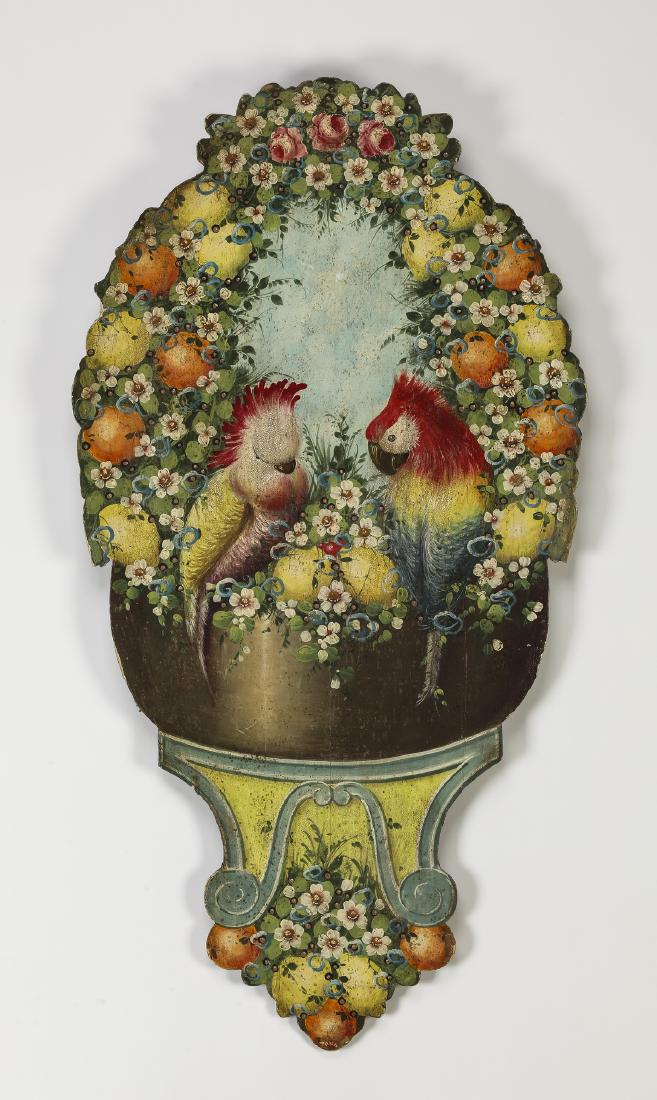 Early 20th c tromp l'oeil embellished print on panel: Early 20th century tromp l'oeil hand-embellished print on panel, depicting a lavish bouquet of roses, jasmine blossoms, oranges, and lemons, centering two birds of paradise perched on a bowl, surmount