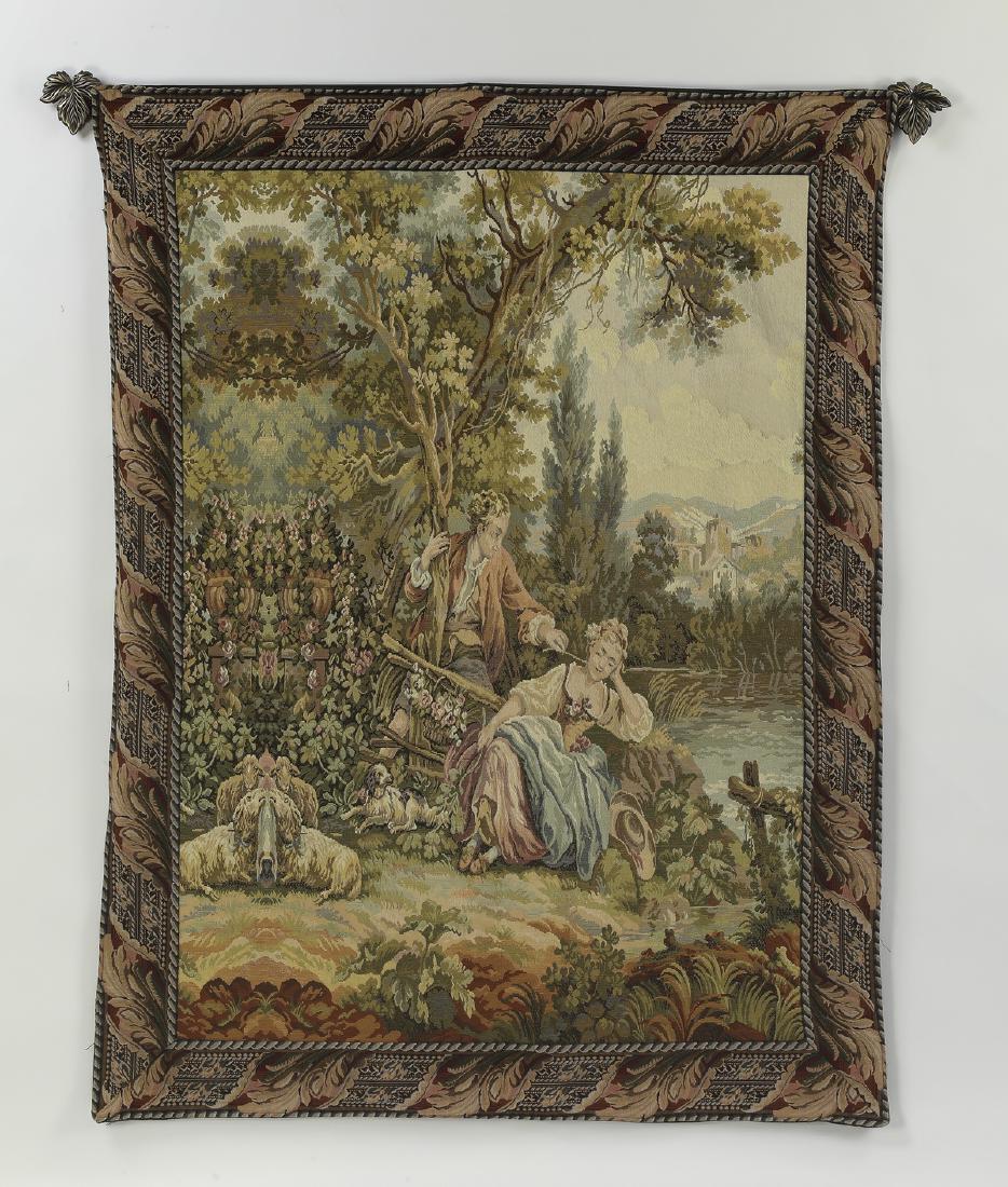 Rococo style tapestry of courting lovers: Rococo style tapestry with hanging rod, depicting a European pastoral scene with courting lovers near a stream, with a town and mountains in the distance, machine made, 63.5"h x 48"w; rod 34"l.