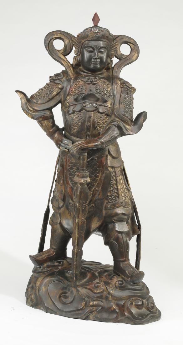 Chinese patinated bronze sculpture of Wei Tuo: Chinese patinated bronze sculpture of the bodhisattva Wei Tuo, guardian of Buddhist monasteries and the leader of the twenty-four celestial guardian deities, Wei Tuo is depicted in the traditional way