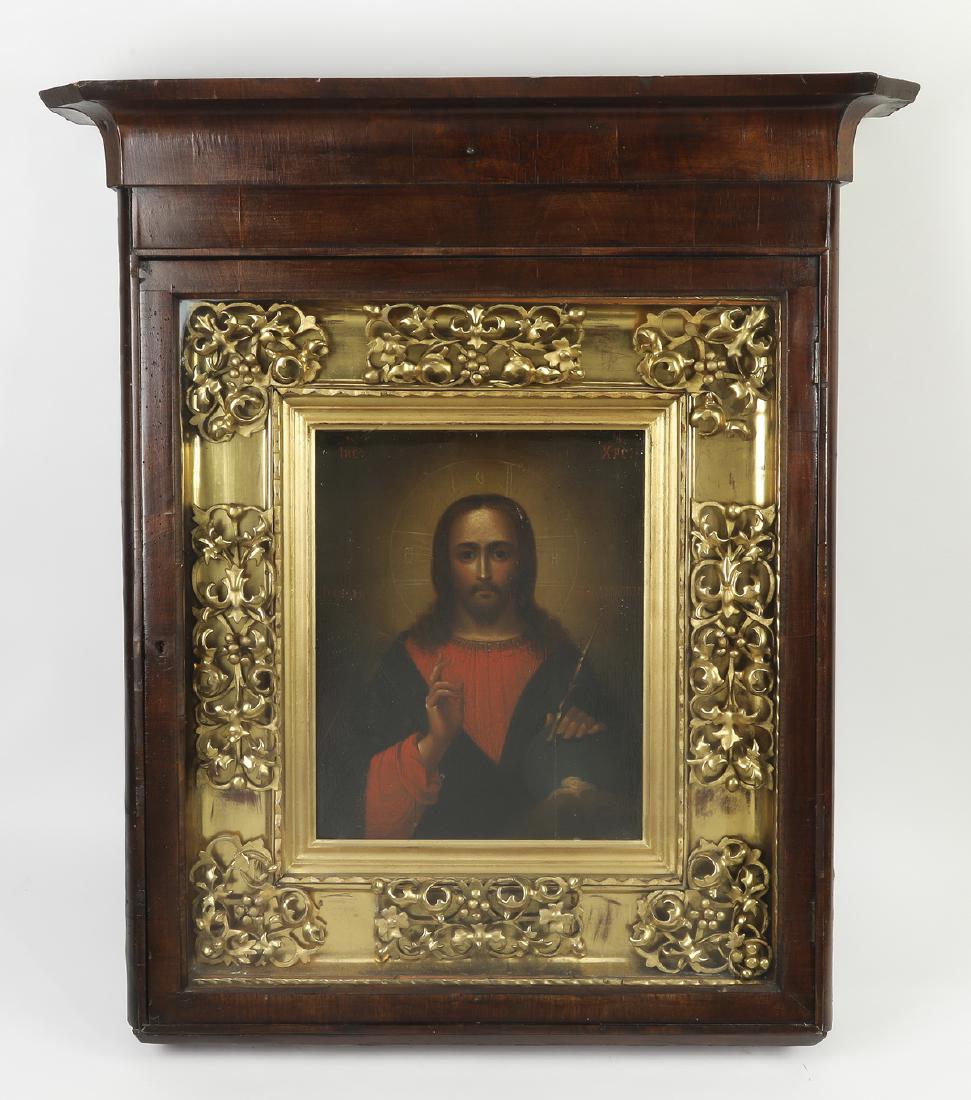 19th c. Russian Orthodox icon of Christ Pantokrator: Russian Orthodox icon of Christ Pantokrator, 19th century, executed in tempera on board, depicting Christ with his hand raised in blessing and the other holding a pen and resting on an orb, with Cyril