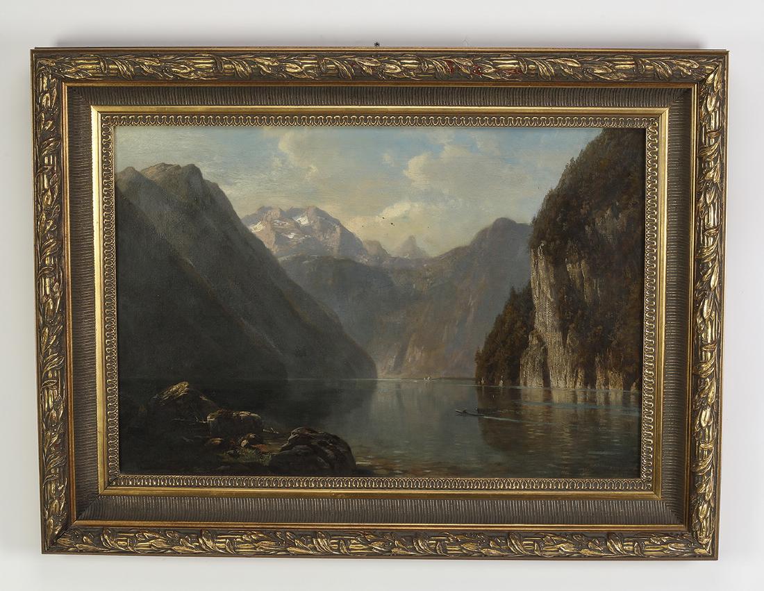 Sophie de Niederhausern signed O/c Alpine lake scene: Sophie de Niederhausern (Swiss, 1856-1926), signed alpine lake landscape oil on canvas, depicting a fishing boat on a serene lake with snowcapped mountains in the background, signed and dated 1876 low
