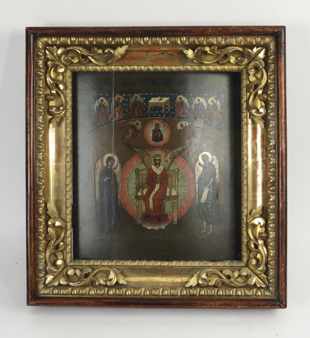 19th c. Russian Orthodox icon of the Diesis: Russian Orthodox icon of the Diesis, 19th century, executed in tempera on board, depicting Christ as priest seated on a throne flanked by the Virgin at the left and John the baptist at the right, whil