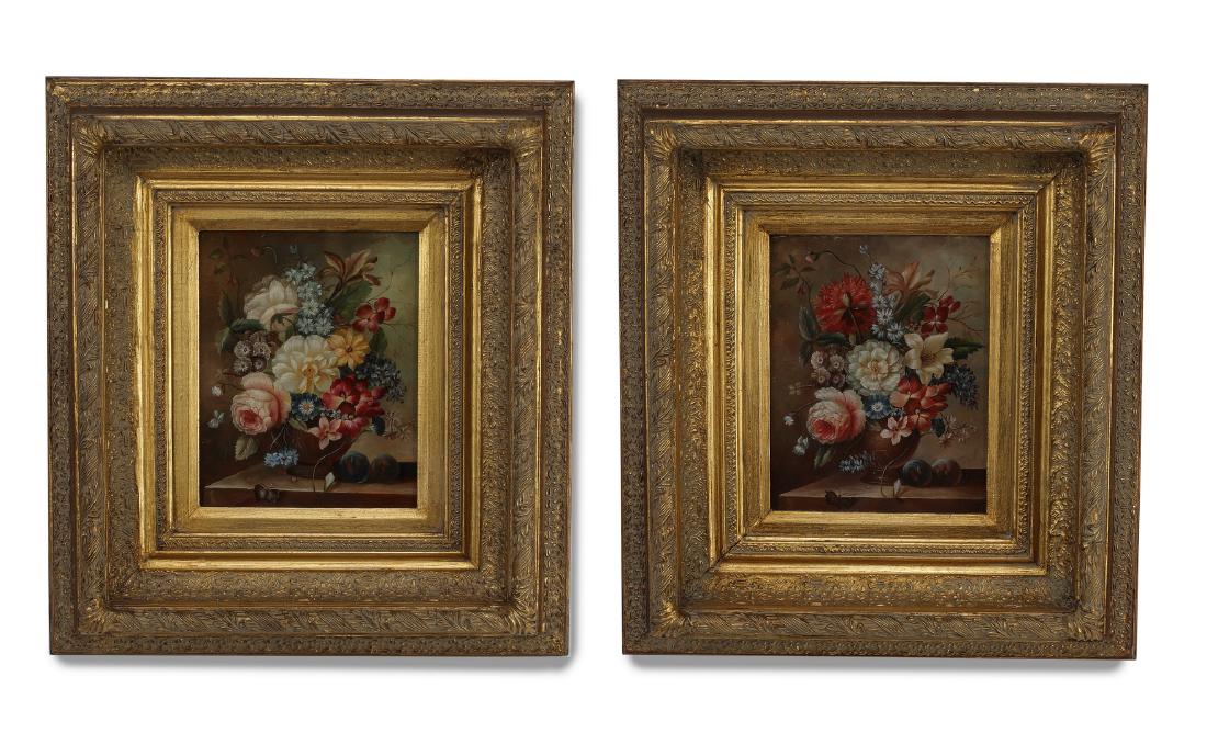 (2) Continental School O/c floral still lifes: Pair of Continental School floral still life oil on canvas paintings, both depicting lush floral bouquets arranged on a table, presented in carved and gilt-decorated frames, 10"h x 8"w; overall size w