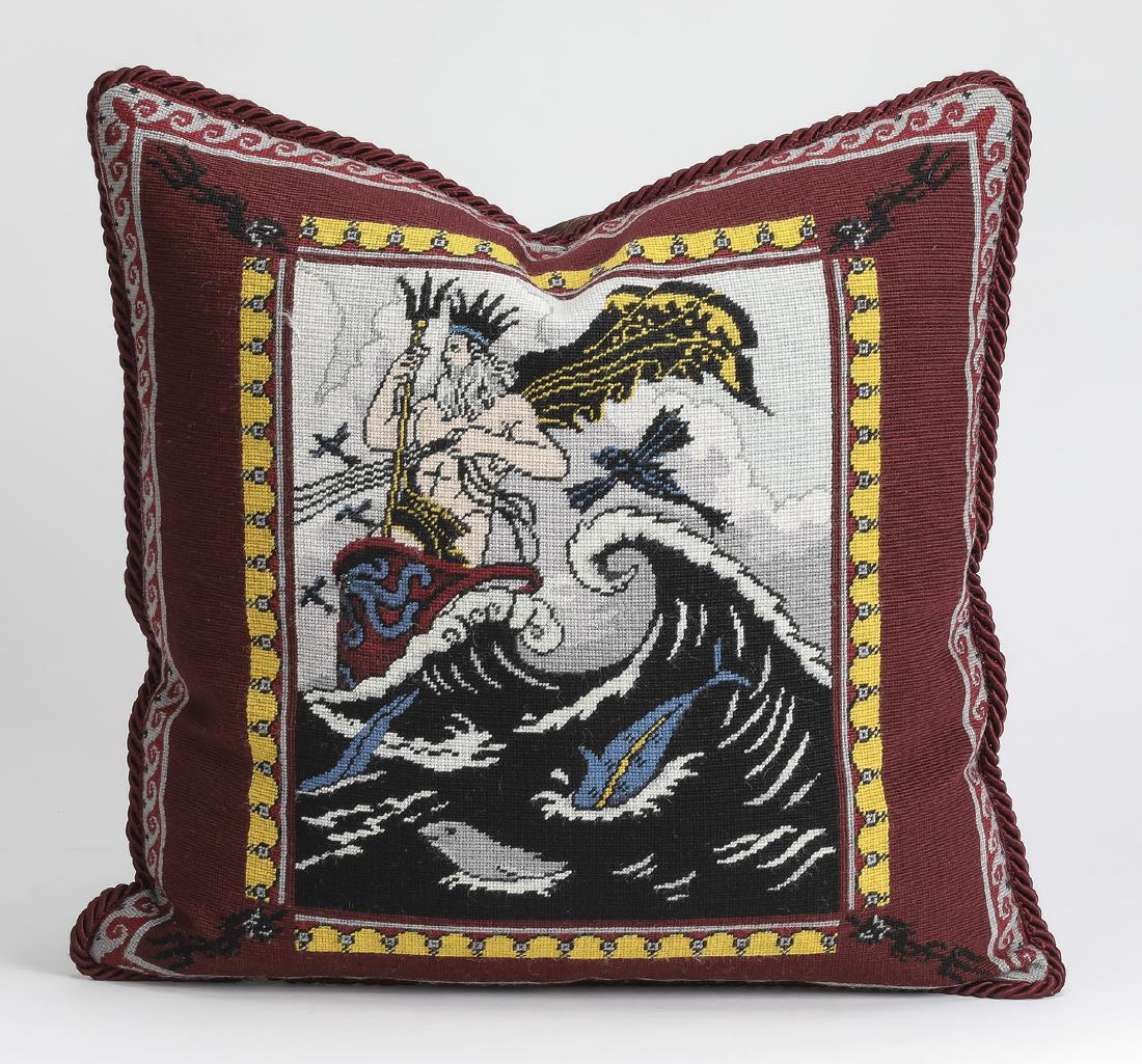 Wool needlepoint & silk covered accent pillow: Wool needlepoint and silk covered accent pillow, the front needlepoint panel depicting the Roman god Neptune mastering the wavy seas as dolphins swim and dive beside him, having a silk back with a mar