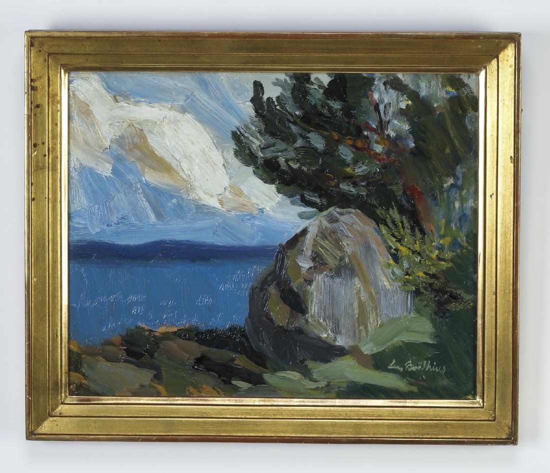 Lars Boethius (Swedish) signed O/masonite of lake: Lars Boethius (Swedish, 1903-1968), oil on masonite depicting a craggy outcropping with trees near the water's edge, artist signed 'Lars Boethius' at lower right, 13"h x 16"w, overall dimensions inclu