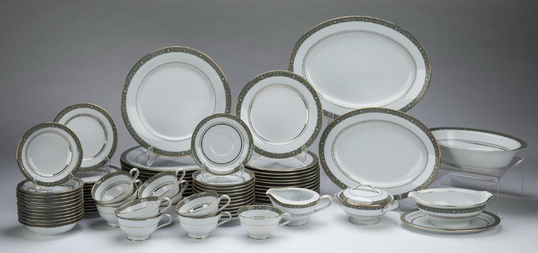 75-Pcs Noritake 'Thurston' pattern service for 10: Noritake china dinner service for ten in the 'Thurston' pattern, decorated with a band of white acanthus scrollwork on a jade ground with gilt highlights, comprising: (10) dinner plates, 10.5"dia; (12