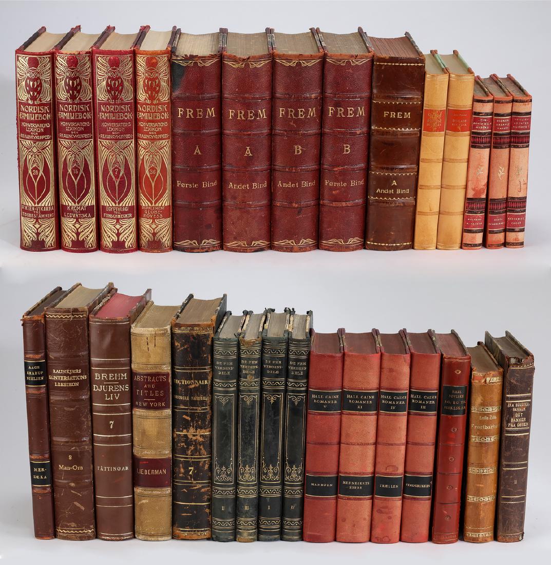 Thirty foreign language leather bound volumes: Thirty leather bound volumes, including mostly non-fiction in German and various Scandinavian languages, having leather bindings, many with gilt highlights, tallest 9.25"h