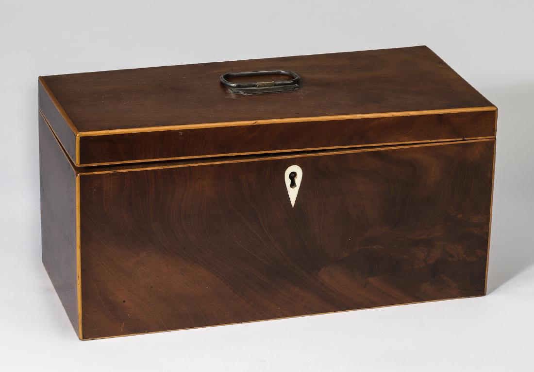 19th c. mahogany and satinwood tea caddy: 19th century mahogany and satinwood tea caddy, having a metal handle over the hinged lid, the whole with satinwood banding, and a teardrop inlay centering the lock, missing its key, 6"h x 12"l x 5.75"