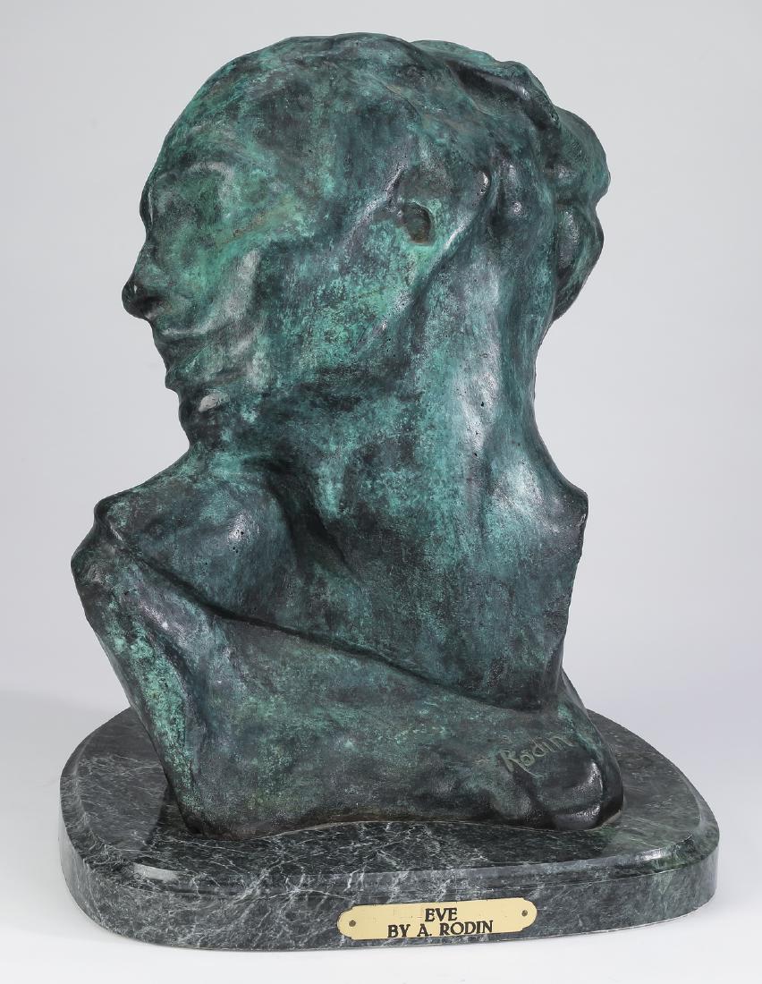 After Rodin, patinated bronze bust titled 'Eve': Patinated bronze female bust titled 'Eve' after the original by Auguste Rodin, (French 1840-1917), depicted with her head turned to the side and her eyes closed, having an impressed signature, the who
