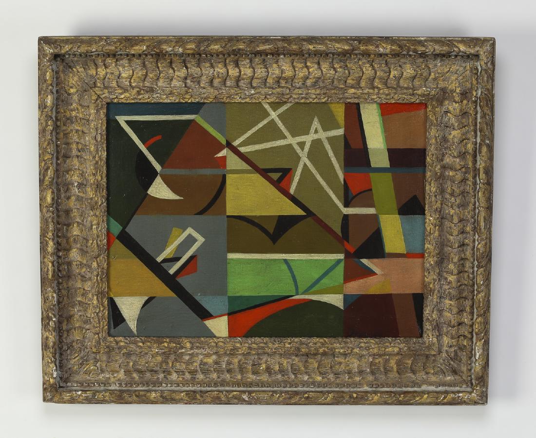 Werner Drewes signed O/c abstract composition: Werner Drewes (American, 1899-1985), oil on canvas abstract composition, depicting an array and colors in the modernist taste, signed "Drewes" lower right, 12.5"h x 16.75"w, overall size with frame 19