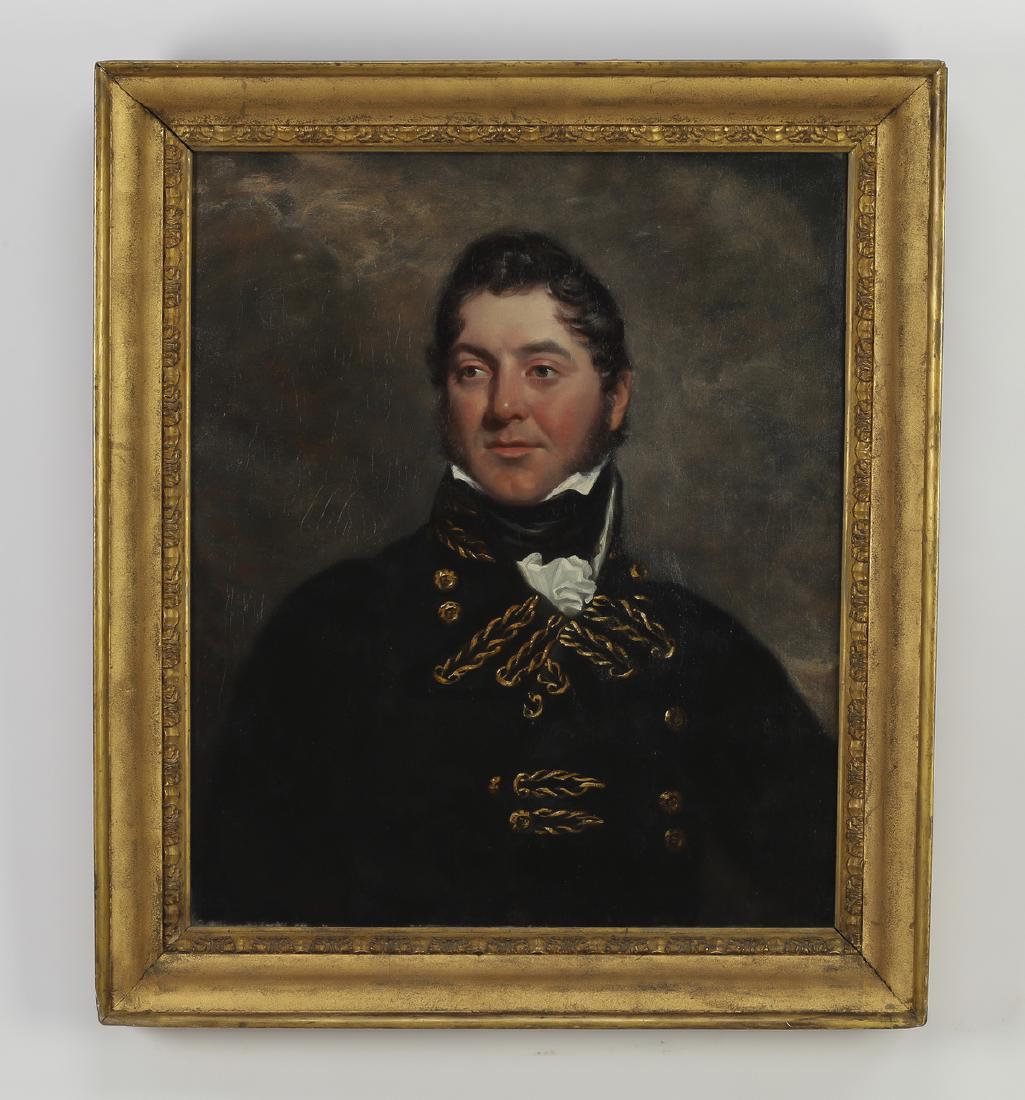 Early 19th c. O/c portrait of an English Navy officer: Early 19th century Continental oil on canvas portrait of an English Royal Navy officer, depicting a man in uniform, believed to be William Bayne (British, 1730-1782), having no visible signature, in a