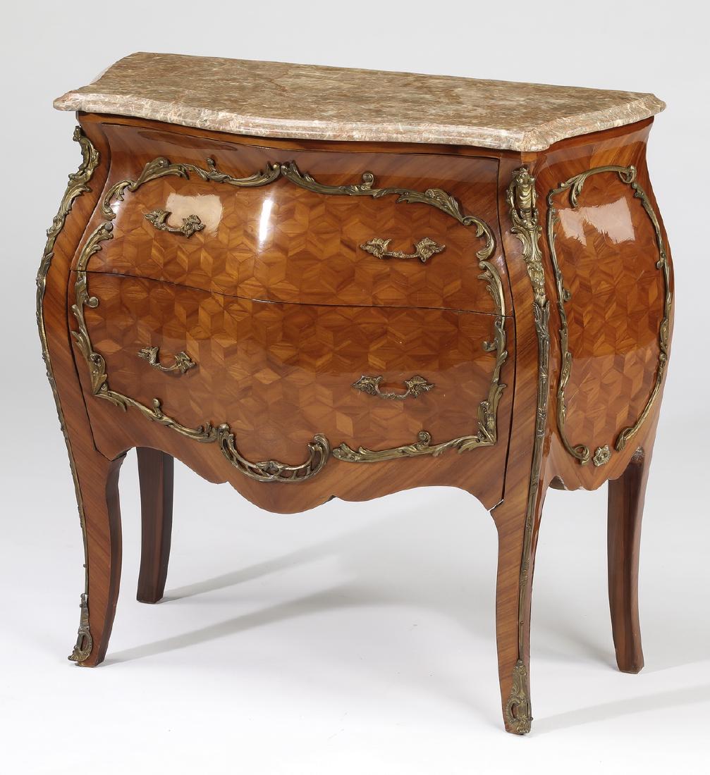 19th c. French satinwood parquetry bombe commode: Late 19th century French satinwood petite commode in the Louis XV taste, the marble top surmounting the conforming two-drawer parquetry bombe case with gilt bronze acanthus mounts, the whole rising on