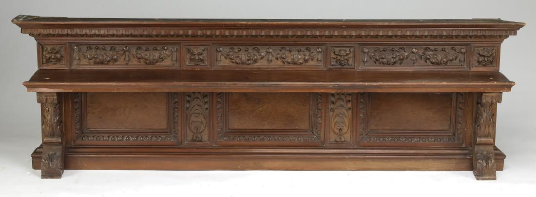 19th c. carved architectural element w/ shelf. 83"l: American Renaissance Revival carved walnut architectural element, late 19th to early 20th century, of elongated rectangular form, having a shaped cornice with a carved gadrooned band, above three carv