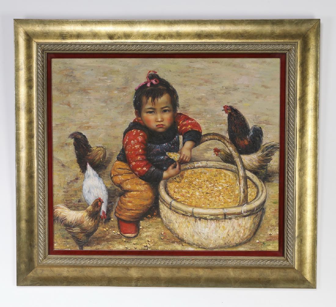 Contemporary Chinese O/c of little girl w/ chickens: Contemporary Chinese oil on canvas, depicting a pensive little girl beside a basket of feed in a yard surrounded by chickens, apparently unsigned, 21.75"h x 25"w, overall dimension including frame 30"