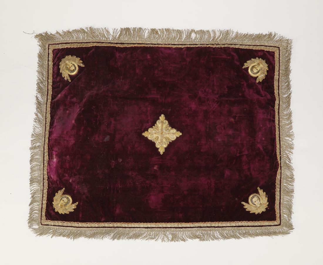 Russian Orthodox liturgical red velvet veil: Russian Orthodox liturgical veil, made of red velvet, gold fringe, and applied gilt passementerie, it covers the chalice and diskos during the liturgy of the preparation, 27.75"h x 21"w.