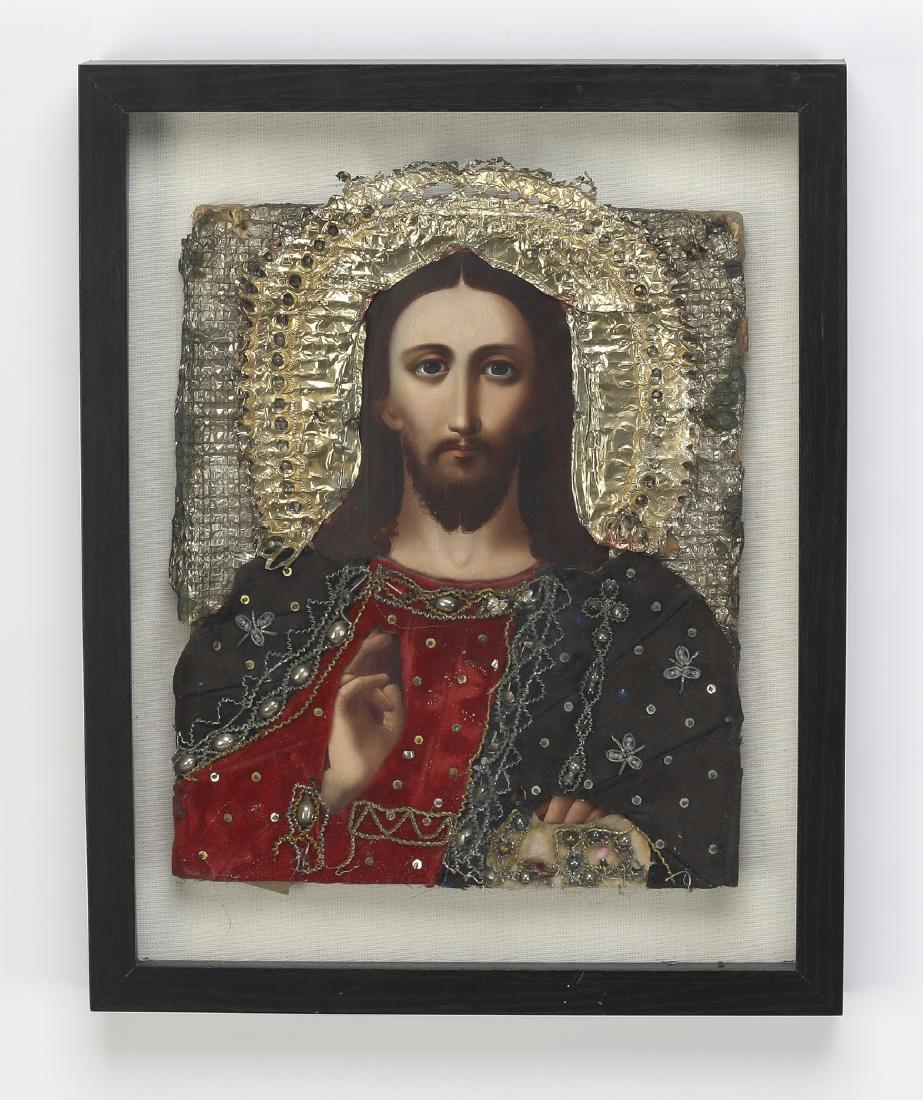 19th c. Orthodox icon with ornamented textile riza: Orthodox icon, late 18th or early 19th century, executed in oil on board with cloth decorated with couched coiled gilt threads, metal sequins, and glass beads, depicting Christ Pantocrator, under a gi