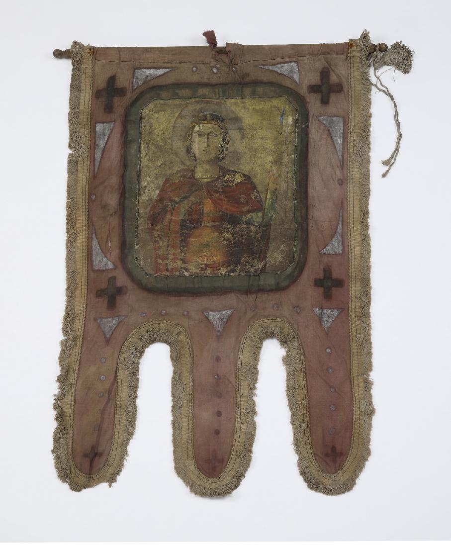 18th c. Orthodox banner with hand painted saints: Khorugv or banner used in Eastern Orthodox or Catholic processions, 18th century, of typical shape with three tails, executed in paint on plain weave textile, having a bearded saint in priestly vestme