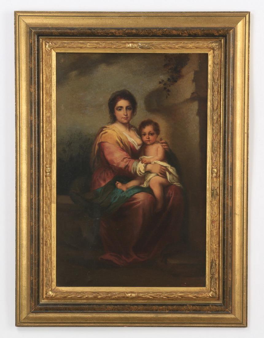 19th c. 'The Madonna and Child,' after Murillo, 33"h: 'The Madonna and Child,' after Bartolomé Estéban Murillo (Spanish: 1618-1682), late 19th or early 20th century, oil on canvas, depicting the Virgin Mary seated in a natural setting with the baby Jes