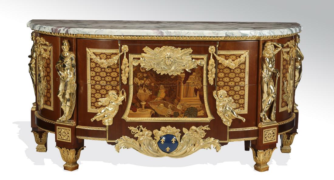 Louis XVI style gilt bronze, marquetry inlaid commode: Louis XVI style mahogany, gilt bronze, and marble commode, after the original by Jean-Henri Riesener, ebeniste to Louis XVI, having a shaped marble top above an egg and dart frieze, over two drawers a