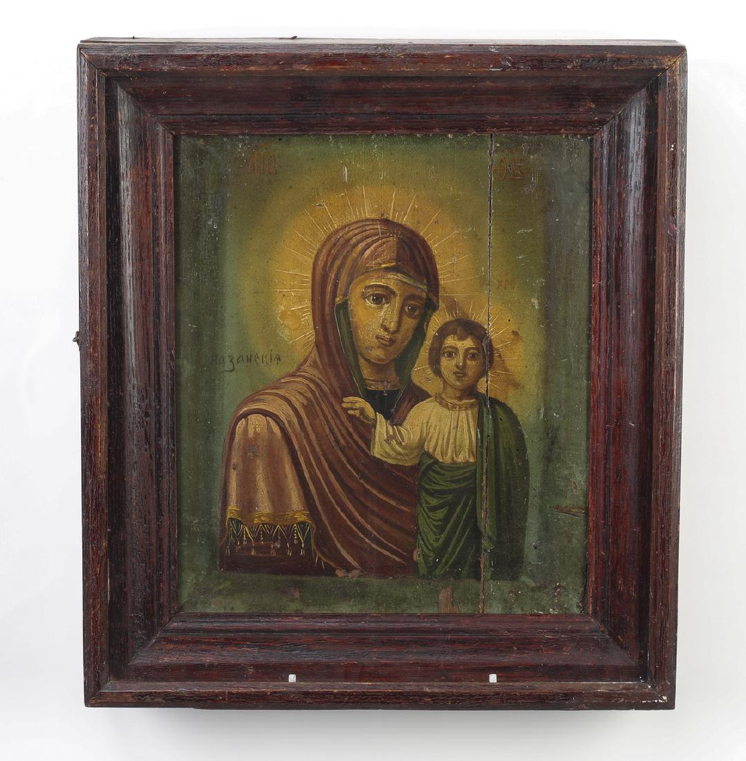 19th c. Russian Orthodox icon of Our Lady of Kazan: Russian Orthodox icon, 19th century, executed in oil on panel, depicting Our Lady of Kazan, encased in a wood and glass kiot, 12"h x 10.5"w, overall size including kiot 16.75"h x 15"w x 4"d.