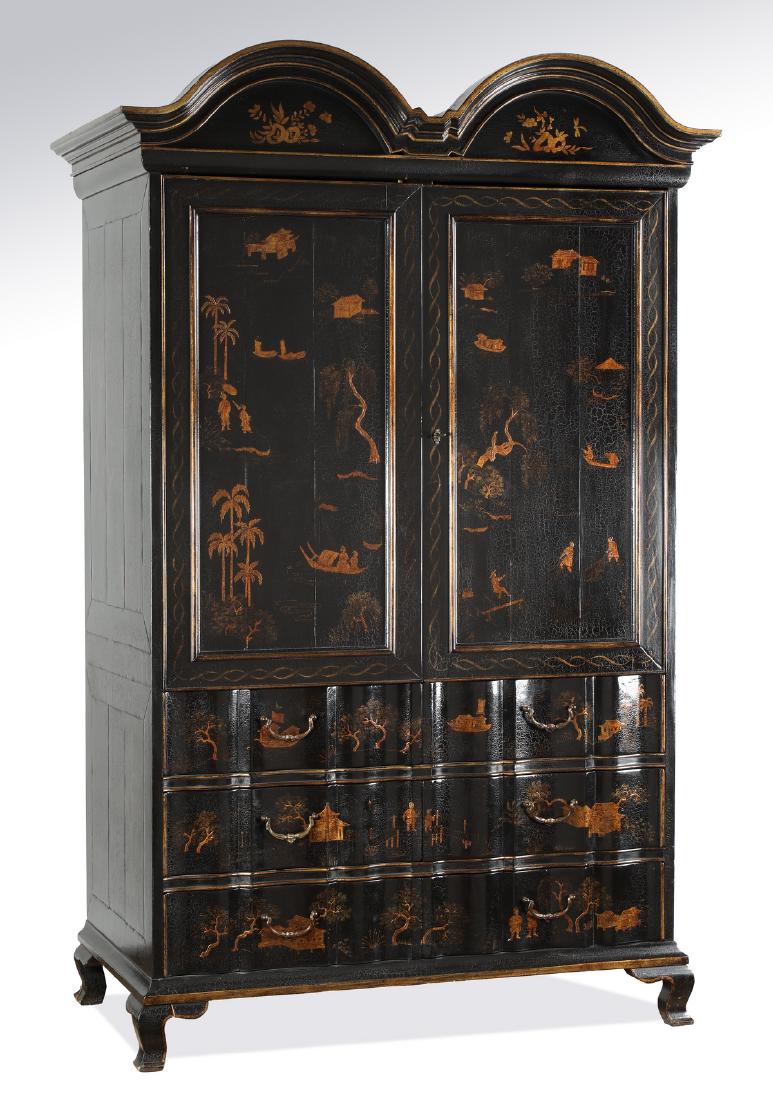 Chinoiserie inspired double bonnet armoire, 86"h: Chinoiserie inspired double bonnet armoire, having a japanned finish with muted gold vignettes of pavilions, boats and lush foliage, the two doors opening to a slide out swivel surface, surmounting si