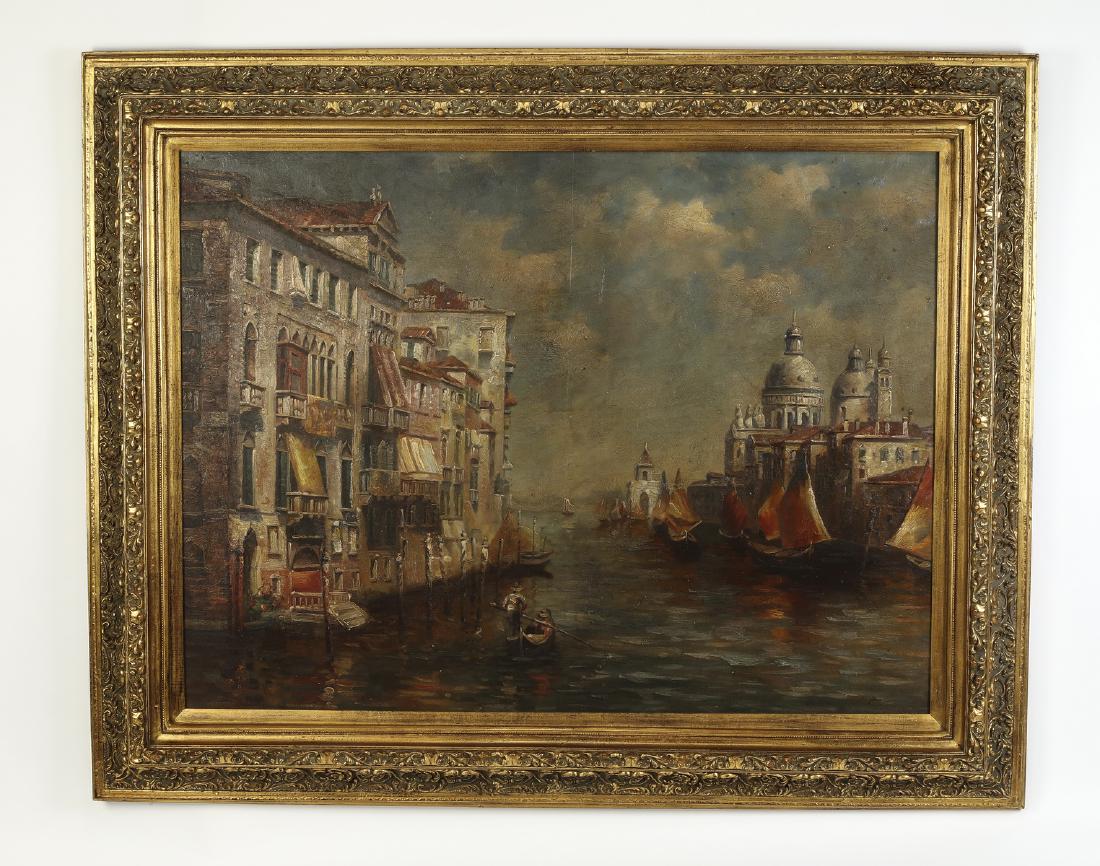 Continental O/c of Santa Maria della Salute, Venice: Contemporary Continental School oil on canvas depicting a view of the Santa Maria della Salute in Venice with boats and a gondolier along the water, artist indistinctly signed at lower right. 36"h x 4
