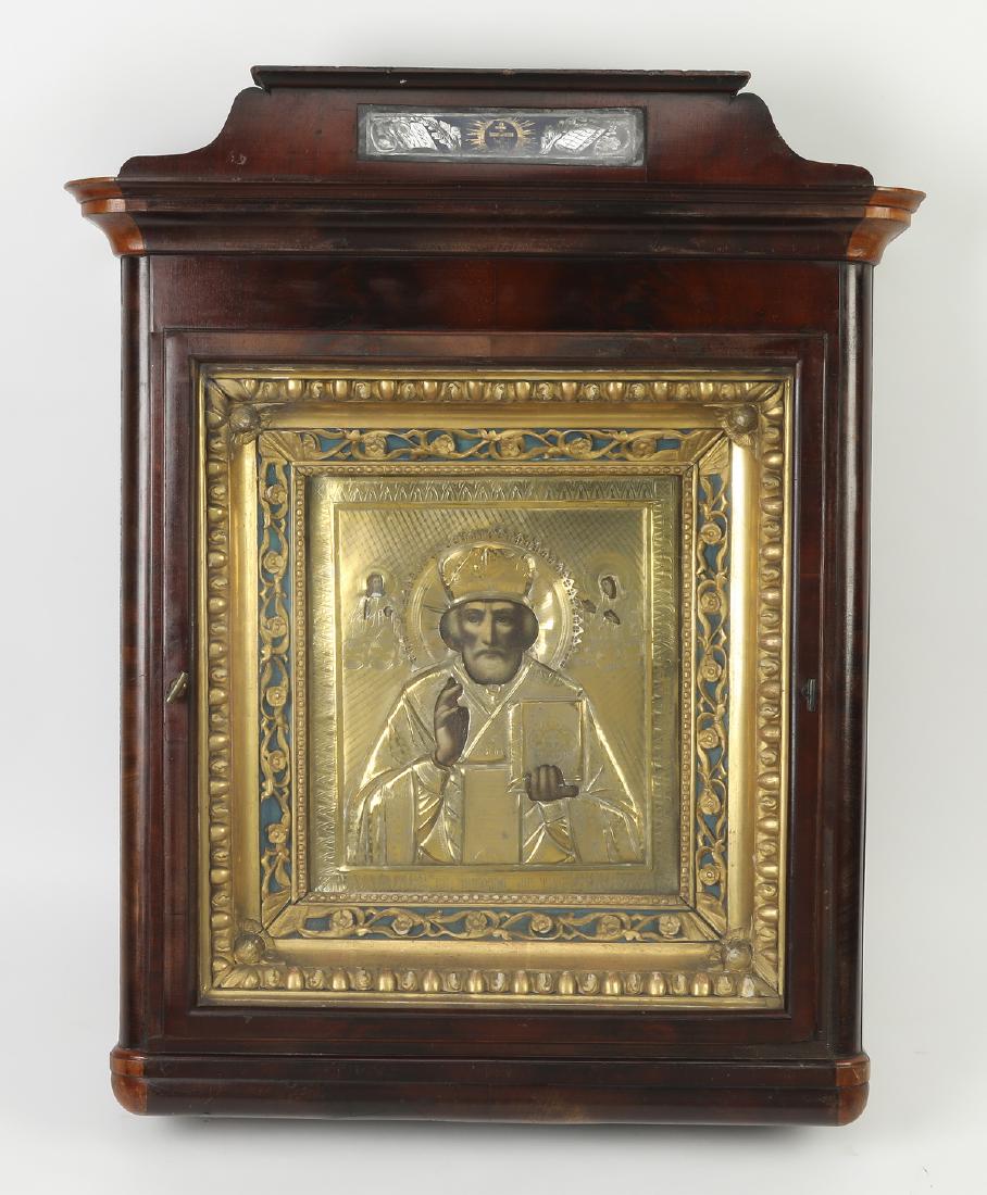 19th c. Russian Orthodox icon of Saint Nicholas: Russian Orthodox icon of Saint Nicholas, 19th century, executed in tempera on board, depicting the saint dressed in Orthodox bishop's robes and mitre with his hand raised in blessing and the other hol