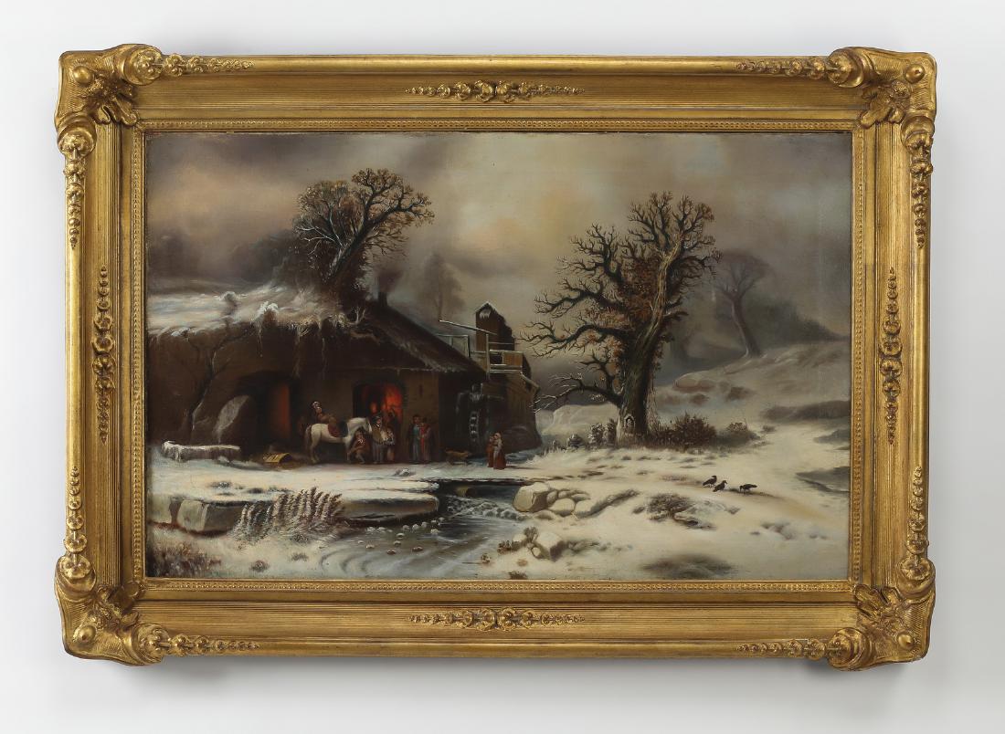 Early 20th c. Continental winter landscape: Early 20th century Continental oil on canvas winter landscape, depicting a riving winding in front of figures and animals surrounding a building emitting a warm, fiery glow from within, having no visi