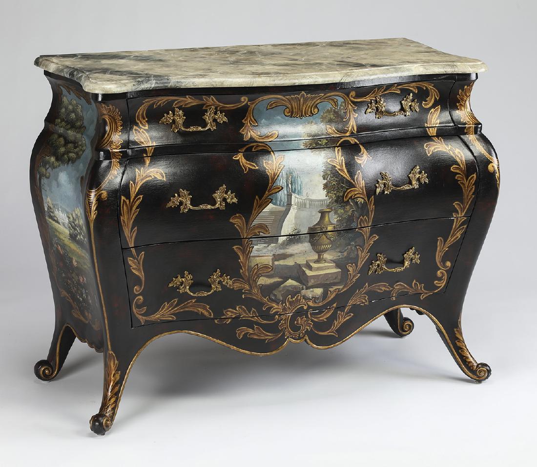 Maitland-Smith paint decorated bombe' commode: Maitland-Smith Louis XV Style bombe' commode, the faux marble surface with serpentine front over the undulating body, having three drawers with double handles, the front with gilt-decorated acanthus s