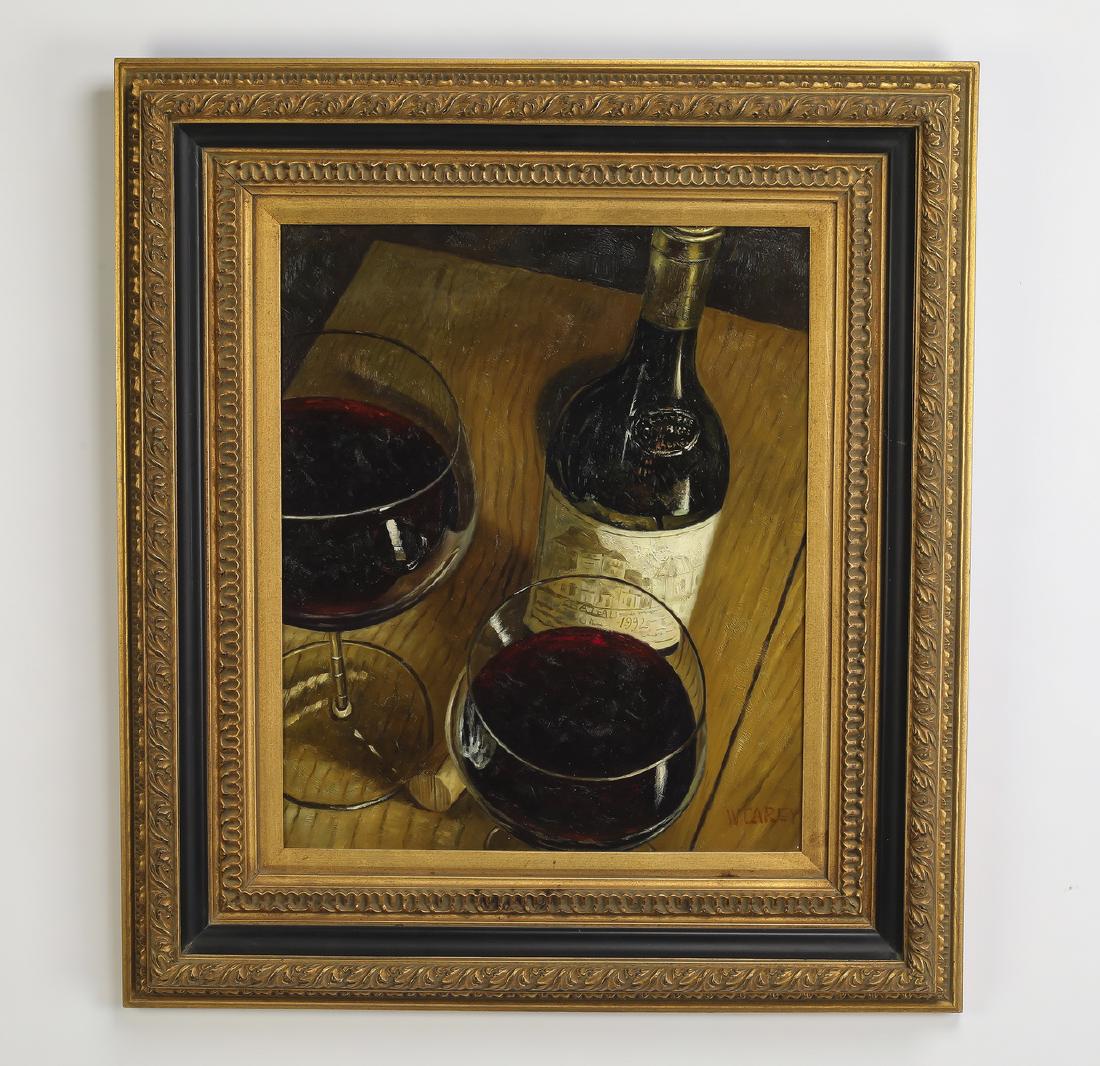 W. Carey signed O/c still life with bottle of wine: W. Carey signed oil on canvas still life, depicting a vintage French red wine bottle with two full glasses, signed lower right, 23.5"h x 19.5"w overall size with frame 36"h x 32"w x 3"d.