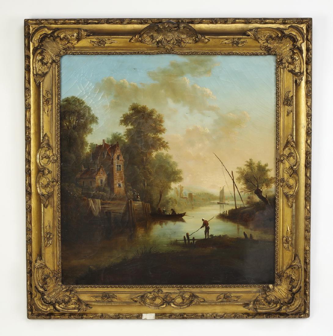 19th c. Dutch School O/c of lake house & figures: 19th century Dutch School oil on canvas depicting figures in a rowboat on a tranquil lake beside a country house, a peasant stands along the dock with a fishing pole at twilight, apparently unsigned,