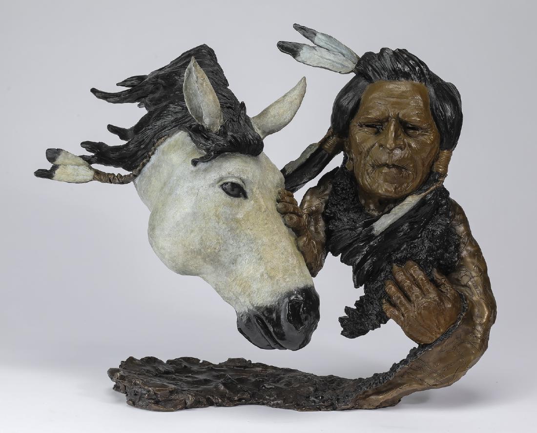 Mark Hopkins signed, numbered bronze sculpture: Mark Hopkins (American, b. 1953) limited edition bronze sculpture, titled 'Warrior's Journey', depicting a Native American warrior, one hand to his heart and the other to his white horse, signed, date