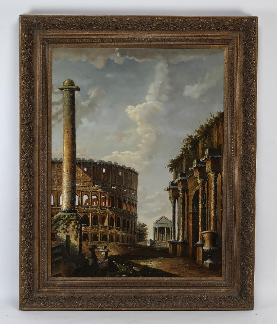 Continental School signed O/c Roman Colosseum: Continental School oil on canvas, depicting the Roman Colosseum at right, with other classical buildings, signed "Talley" lower right, in a carved and gilt-decorated frame, 47.5"h x 35.5"w, overall si