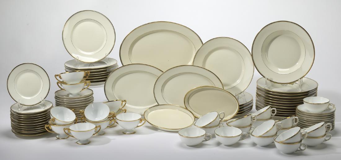 95-Pcs hand painted Royal Copenhagen table service: Hand painted Royal Copenhagen porcelain partial table service in the Lavinia pattern, comprising (6) dinner plates 9.75"dia; (8) salad plates 8.5"dia; (12) soup plates 9.5"dia; (17) teacups, (12) sauc