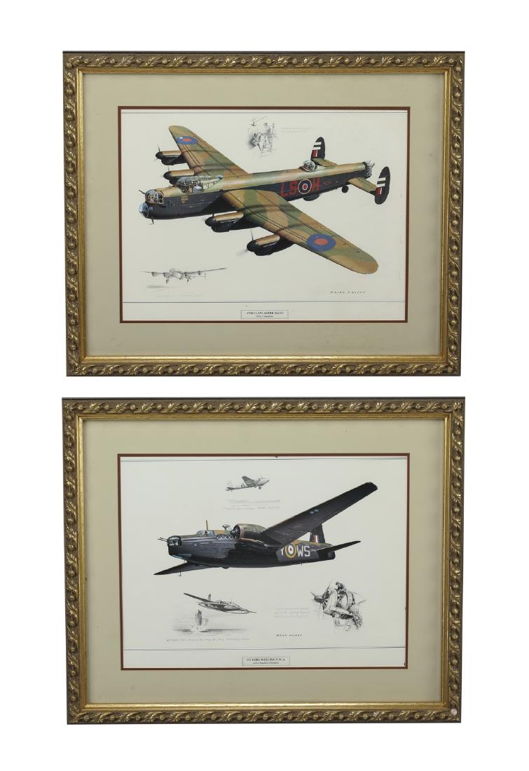 (2) Brian Knight prints of WWII fighters, 33"w.: Pair of Brian Knight prints depicting WWII fighter planes, comprising a print of the Vickers Wellington 1c and a print of the Arvo Lancaster MK III, matted and in gilt frames, 28"h x 33.25"w.