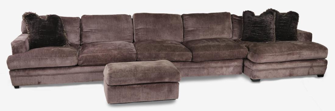 Custom made chenille 3-piece sectional w/ ottoman: Custom made lavender chenille upholstered 3- piece sectional sofa with ottoman, having an 'L' shape with a chaise on the right end, includes (3) dark purple velvet accent pillows; overall size, 31"h x