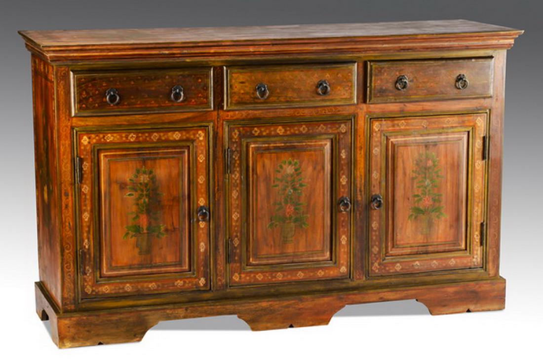 Contemporary paint-decorated buffet, 60"w: Contemporary paint decorated buffet in the Morrocan taste, the shaped top with foliate borders and panels of floral sprays, surmounting three drawers with ring drop pulls over three cabinet doors open