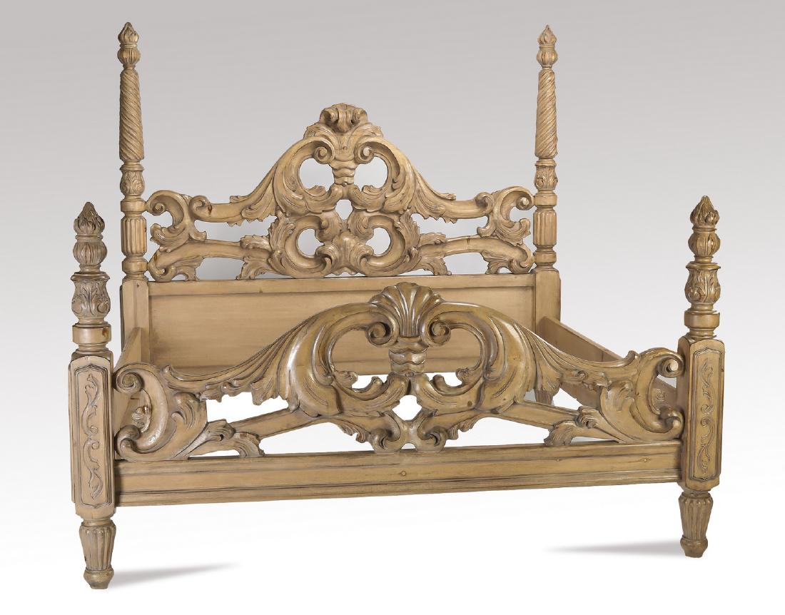 Carved & paint-decorated Rococo style king size bed: Carved and paint-decorated Rococo style king size bed, the headboard and footboard each having acanthus scrolls centering a scallop cartouche, flanked by torch stiles, all resting on toupie feet; head