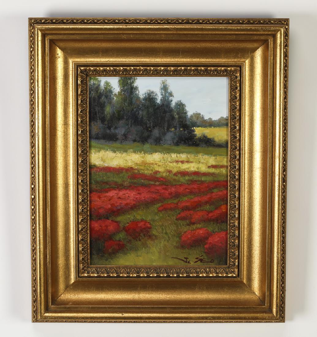 J. C. Seo (Korean) signed O/c floral landscape: J.C. Seo (Korean, b. 1940) oil on canvas landscape, depicting a lush flowering meadow, signed lower right, in a carved and gilt-decorated frame, 16"h x 12"w; overall size with frame 24.5"h x 20.5"w.