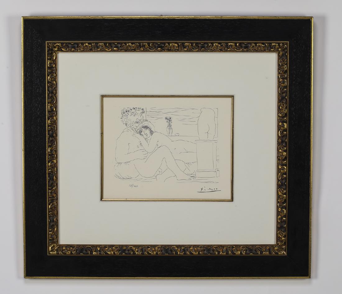 Pablo Picasso signed limited edition lithograph: Pablo Picasso (Spanish, 1881-1973) 'Suite Vollard Bloch 33' limited edition lithograph, depicting reclining lovers, signed lower right, numbered 133/300 lower left, matted and framed, sight of sheet 1