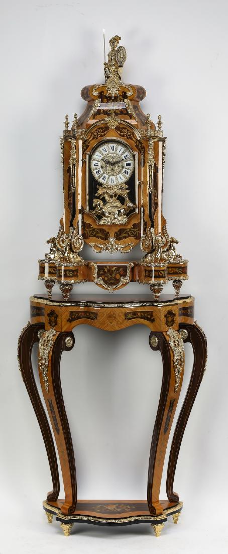 F. Hermle marquetry & gilt metal clock on stand, 81"h: Louis XIV style marquetry and gilt metal clock on stand by Franz Hermle, after a design by Francois Lancelot circa 1710, having a gilt metal finial depicting a seated Athena holding a spear and shield