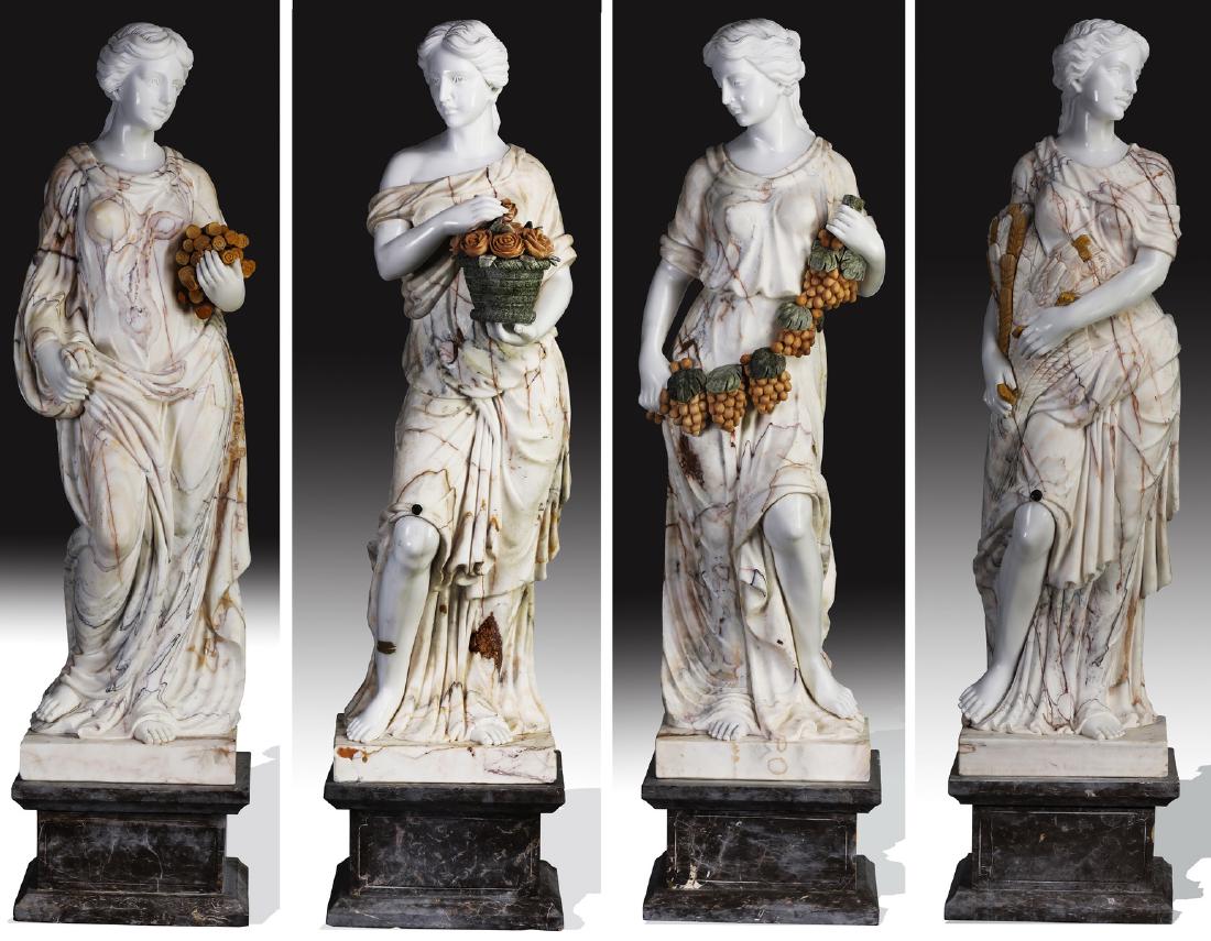 (4) Neoclassical marble sculptures 'The Four Seasons': (4) Neoclassical style marble sculptures depicting the Four Seasons, each executed in carved marble and rising on pedestals, including (1) 'Spring' depicting a maiden holding a basket of roses, 62"h x