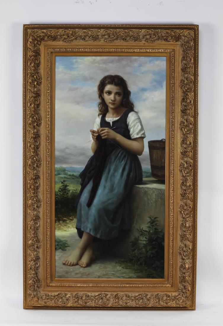 After William Bouguereau O/c 'Little Knitter', 61"h: After William-Adolphe Bouguereau (French,1825- 1905), oil on canvas, depicting 'Little Knitter' signed lower right 'Halston' in a carved and gilt frame, 47.5"h x 23.5"w; overall size with frame 61"h