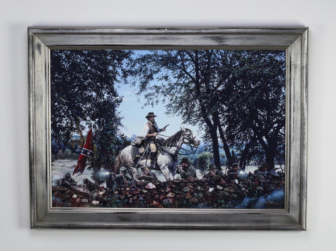 John Paul Strain signed giclee, 'Brice's Crossroad': John Paul Strain (American, b. 1955) 'Brice's Crossroad' limited edition giclee on canvas, 2009, depicting Major General Nathan Bedford Forrest leading a fight on foot in Mississippi on June 10, 1864,