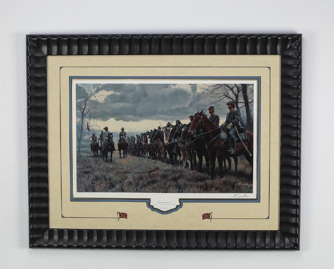 Morton Kunstler signed litho, 'Morgan's Raiders': Morton Kunstler (American, b. 1931) 'Morgan's Raiders' limited edition lithograph, 1982, depicting cavalry assembled at Alexandria, Tennessee on December 21, 1862, signed and dated lower right, number