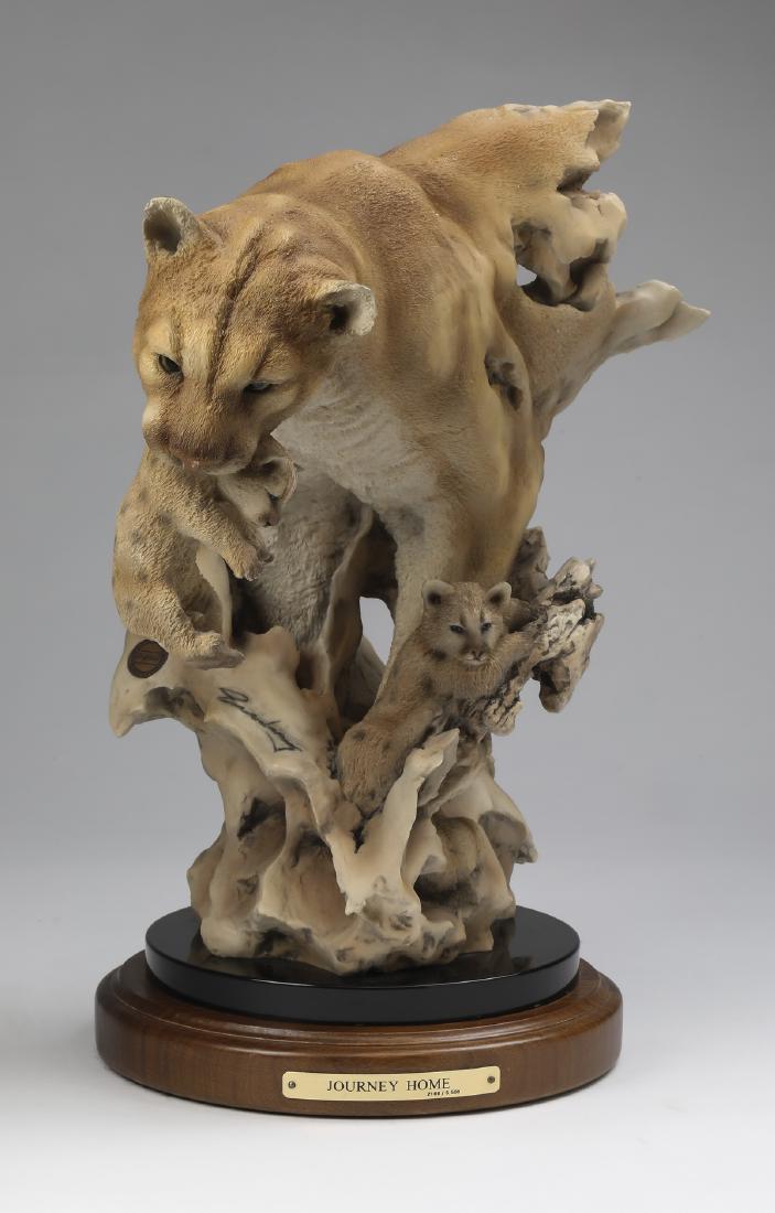 Mill Creek Studios limited edition 'Journey Home': Mill Creek Studios limited edition cast sculpture 'Journey Home' by Randall Reading, executed in composition material with hand painted detail, depicting a mountain lion and her cubs, having the Mill