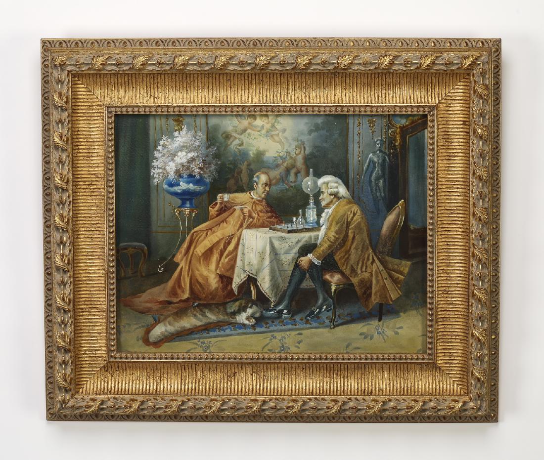 Early 20th c. Continental W/c cardinal and gentleman: Early 20th c. Continental watercolor on paper, depicting a cardinal and gentleman enjoying tea and chess in a Rococo interior, having no visible signature, under glass in a carved and gilt-decorated f