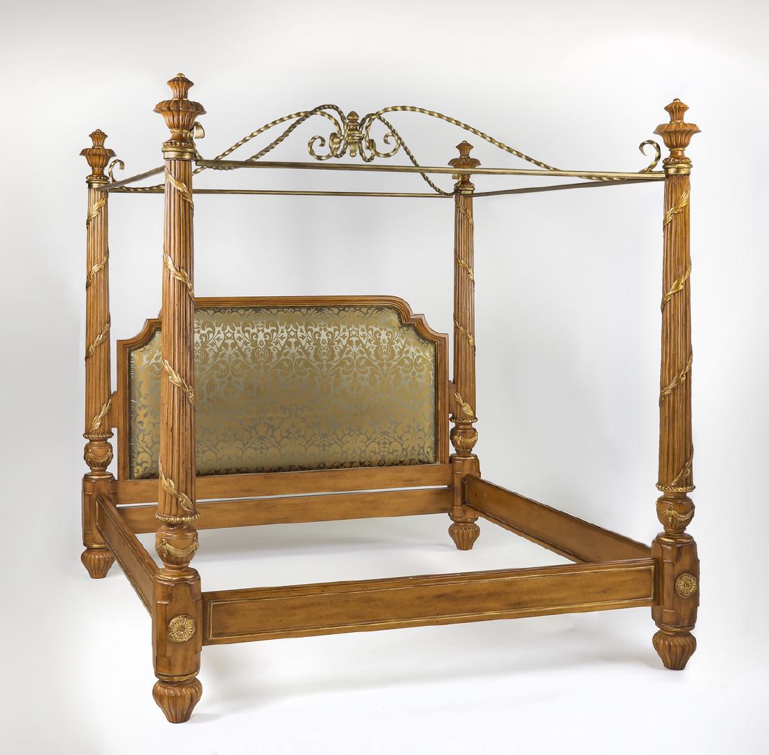 Marge Carson canopy bed w/silk upholstered headboard: Marge Carson king size canopy bedstead, executed in light mahogany and metal, having a scrolling and twisting gold metal canopy supported by four tapering reeded posts topped by urn form finials, and