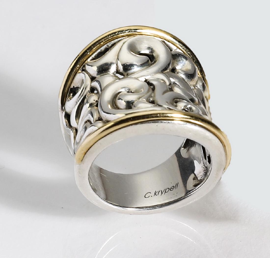 Charles Krypell sterling and 18k 'Ivy' ring: Charles Krypell 'Ivy' ring in sterling silver and 18K yellow gold, the wide concave band having pierced sterling silver scrollwork framed by 18k yellow gold borders, marked C. Krypell, 24mm or 1" on t